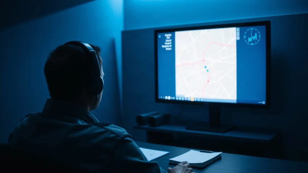 Operatore di spalle con la cuffia davanti a uno schermo con la mappa delle strade, in una stanza in penombra
