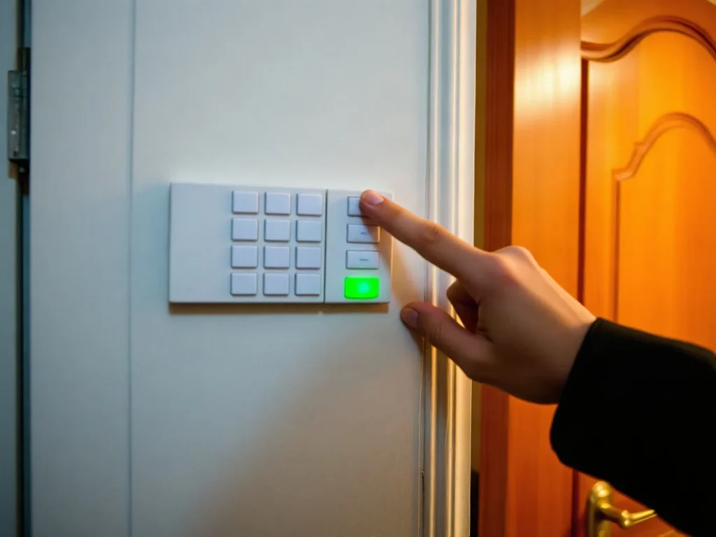 Mano che preme un tasto del tastierino dell’allarme accanto alla porta di casa, con la luce verde accesa