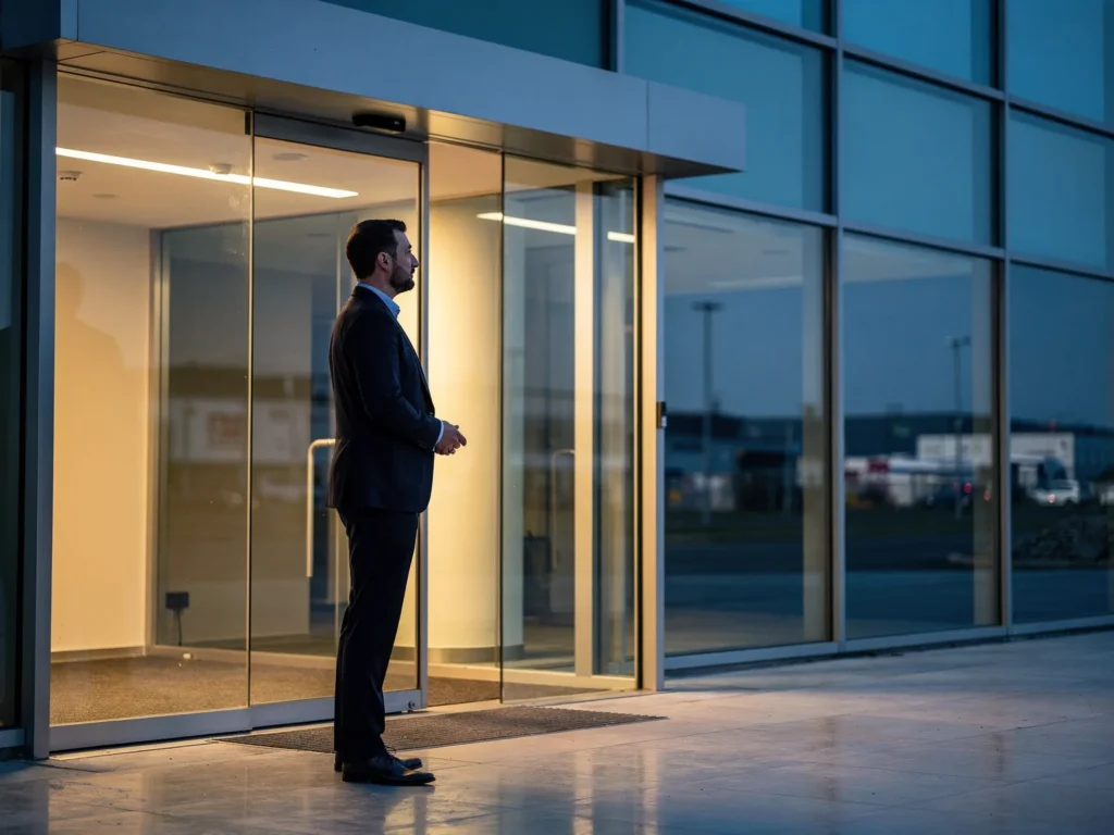 Uomo in abito scuro in piedi davanti all'ingresso a vetri illuminato di un'azienda, all'imbrunire