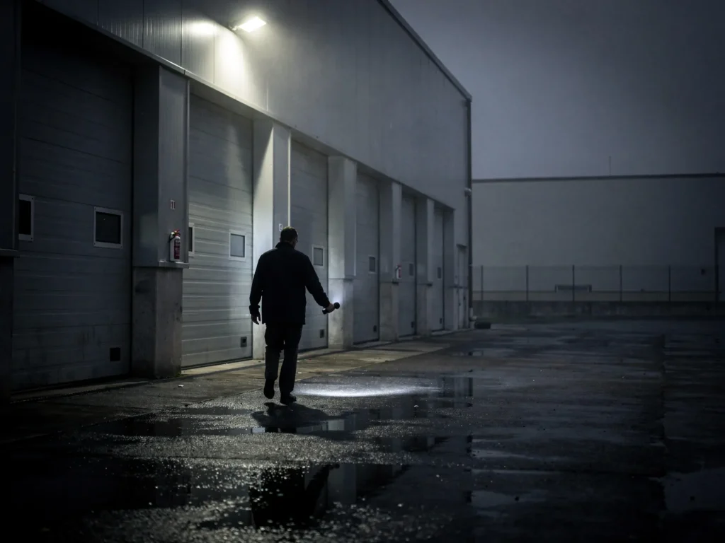 Uomo in giacca scura che cammina di notte lungo le porte di carico chiuse di un magazzino, con una torcia accesa sull'asfalto bagnato