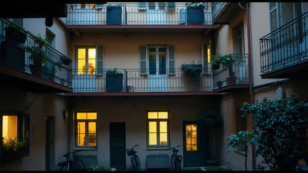 Cortile di una casa di ringhiera all’imbrunire, con i ballatoi, le finestre accese e le biciclette in basso