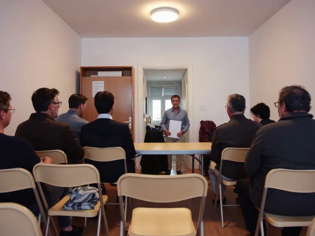 Riunione di condominio in una saletta: condomini seduti di spalle e un uomo in piedi con alcuni fogli in mano