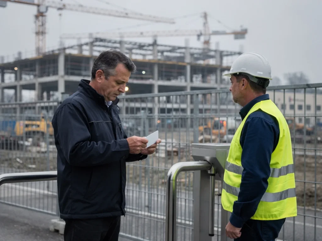 Addetto con il gilet ad alta visibilità e il casco al tornello di un cantiere, mentre un operaio gli mostra il tesserino
