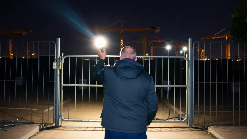 Uomo di spalle con una torcia accesa davanti al cancello chiuso di un cantiere, di notte, con le gru sullo sfondo