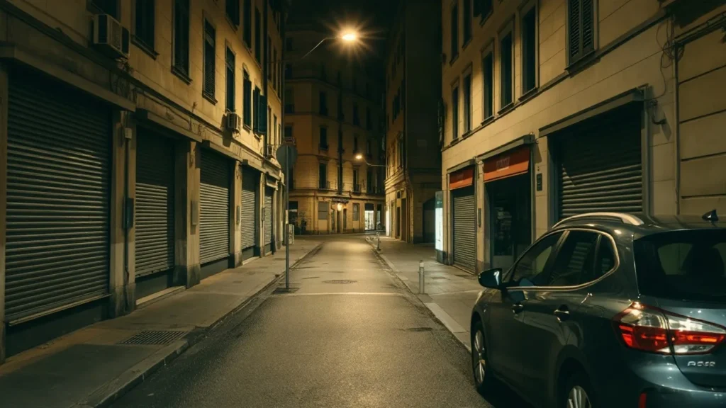 Via di quartiere deserta di notte, con le serrande dei negozi abbassate e un’auto parcheggiata
