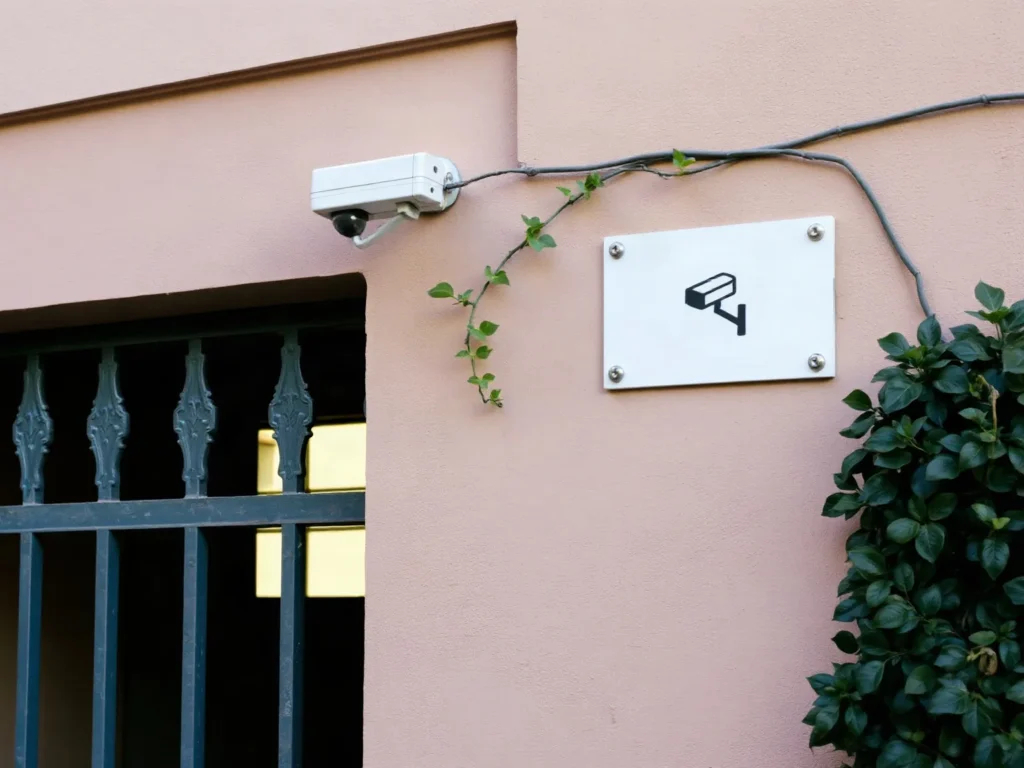 Telecamera sul muro accanto al cancello di un cortile, con il cartello che segnala l’area videosorvegliata