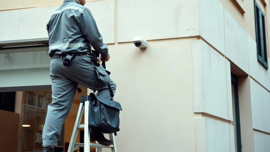 Tecnico in abiti da lavoro grigi su una scala che monta una telecamera sulla facciata sopra un negozio