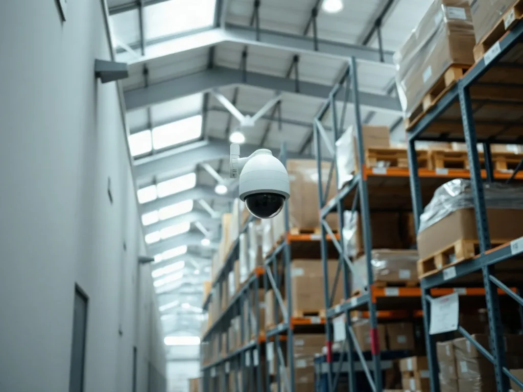 Telecamera a cupola montata in alto fra gli scaffali di un magazzino